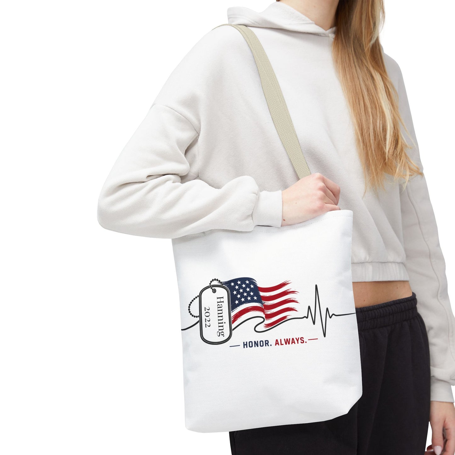 Honor Always Tote Bag — Military Dog Tag American Flag Memorial Tote
