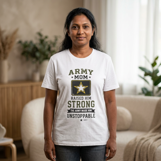 Army Mom T‑Shirt – "Raised Him Strong, The Army Made Him Unstoppable" Military Pride Tee