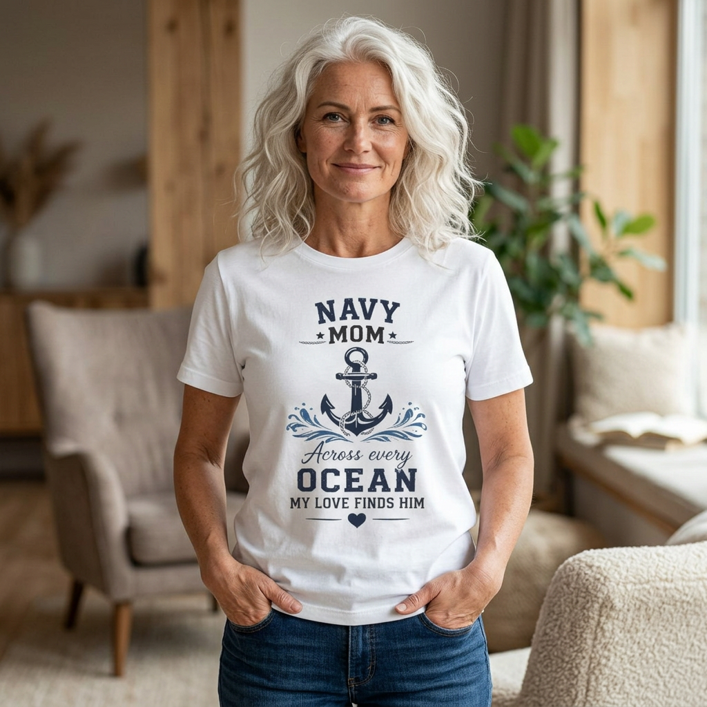 Navy Mom Anchor Tee — "Across Every Ocean My Love Finds Him"