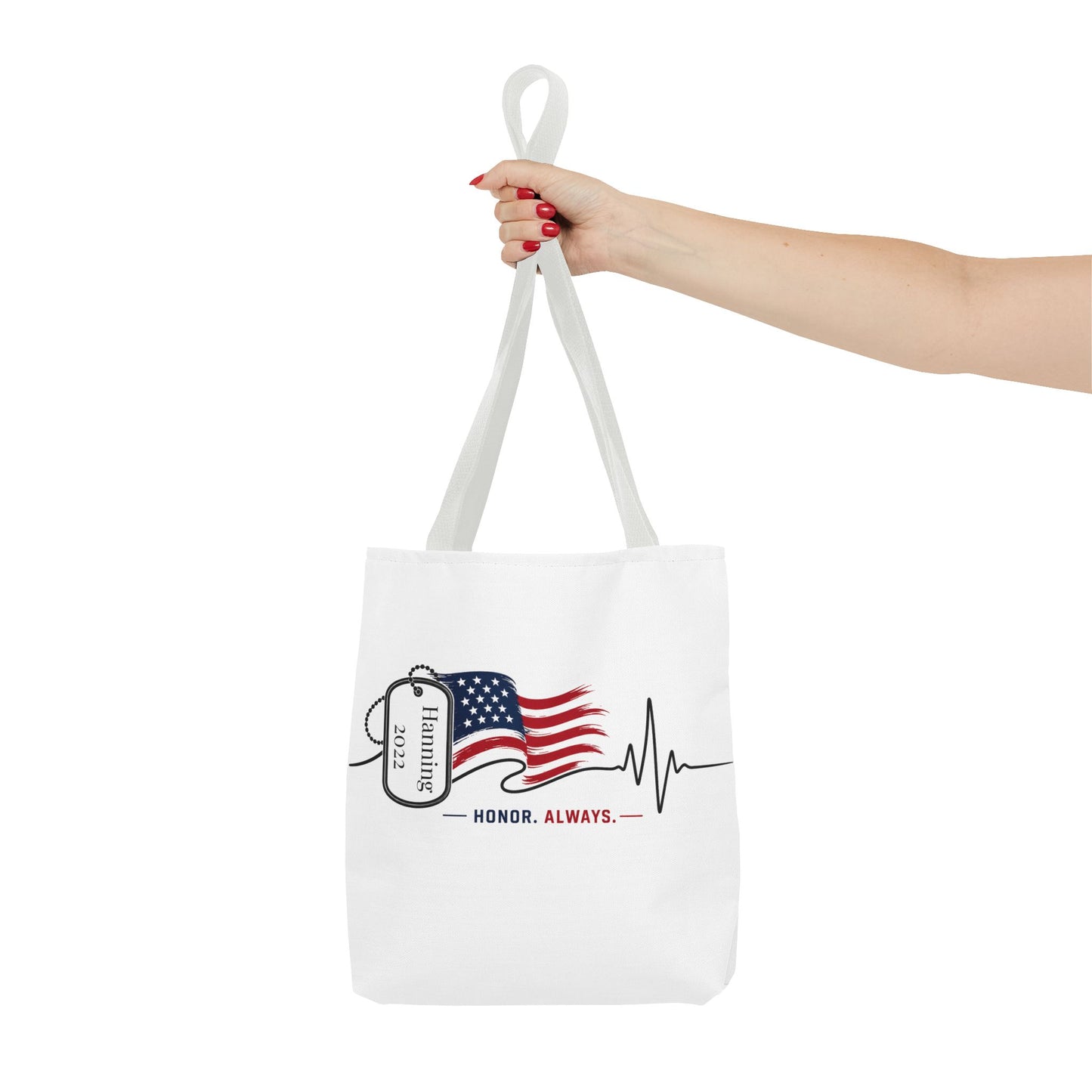 Honor Always Tote Bag — Military Dog Tag American Flag Memorial Tote
